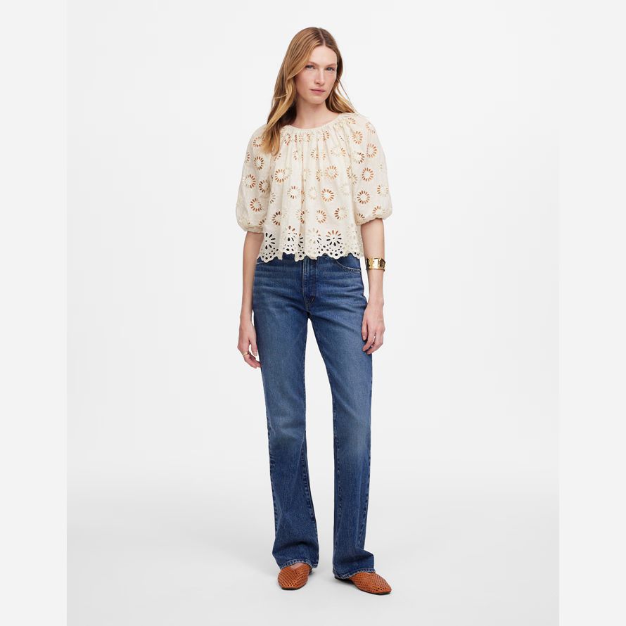 leichte creme madewell bestickt geraffte puff-sleeve womens top