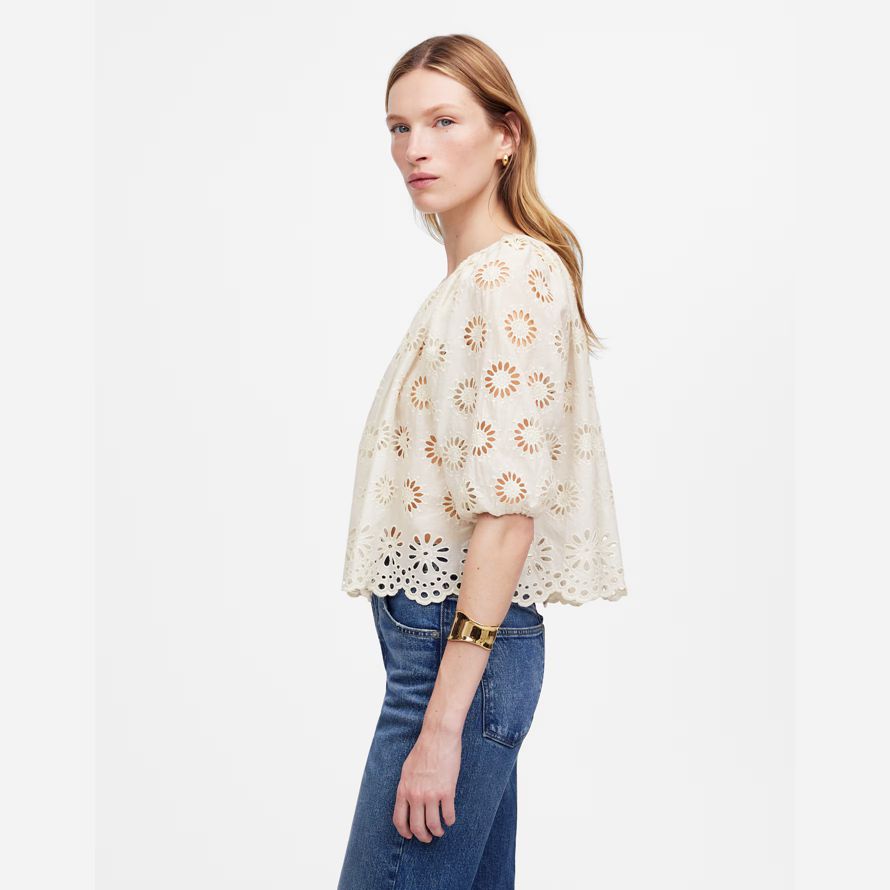 leichte creme madewell bestickt geraffte puff-sleeve womens top