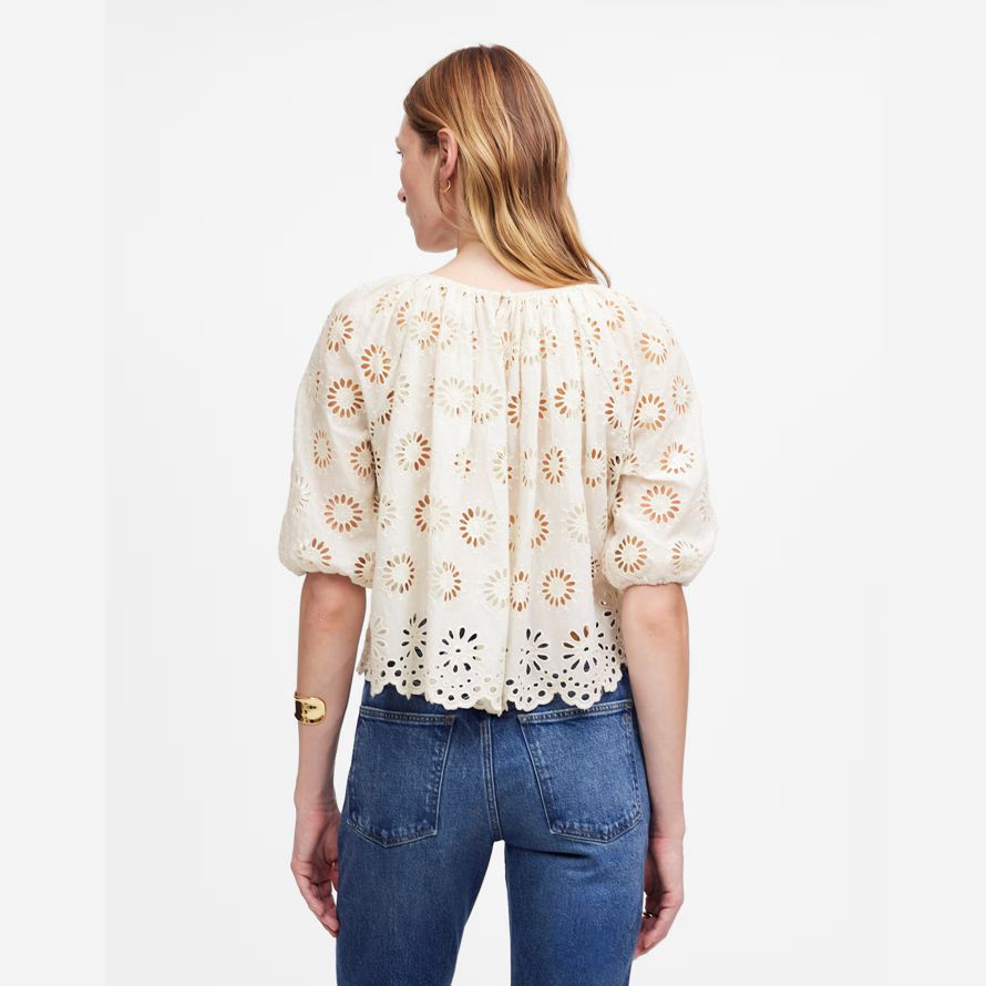 leichte creme madewell bestickt geraffte puff-sleeve womens top