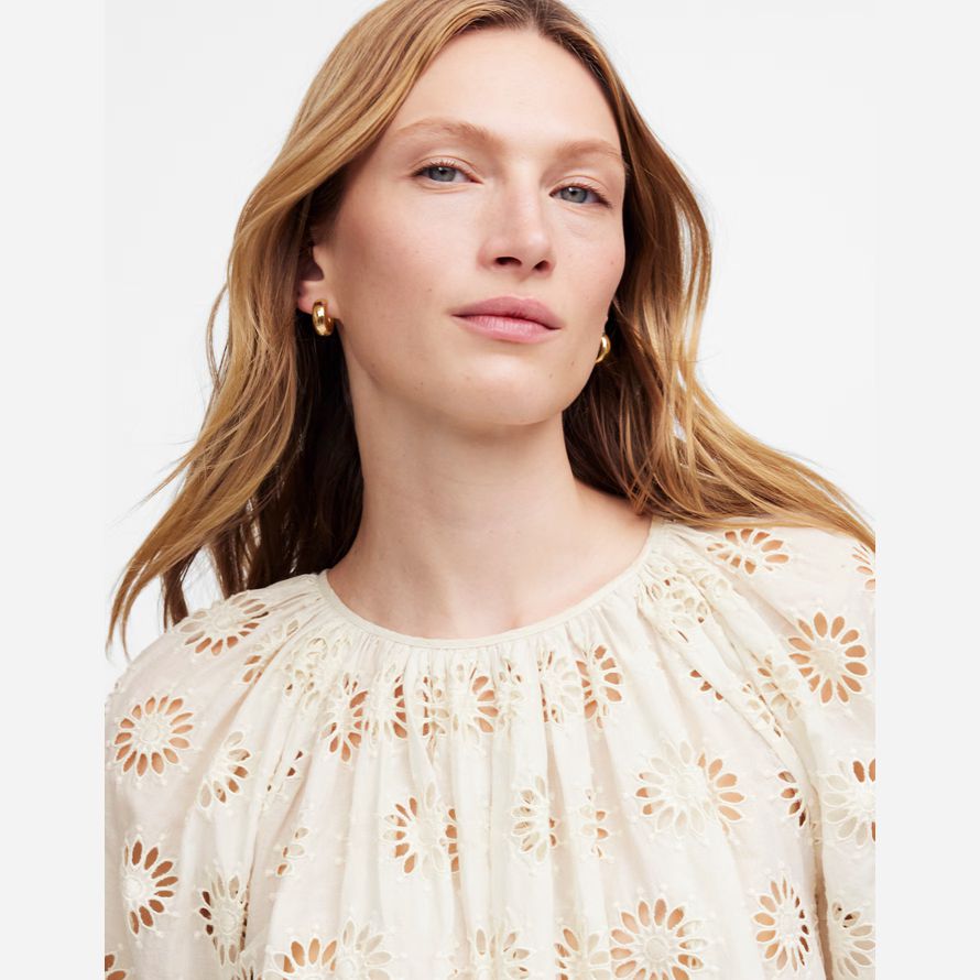 leichte creme madewell bestickt geraffte puff-sleeve womens top