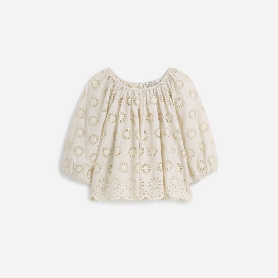 leichte creme madewell bestickt geraffte puff-sleeve womens top